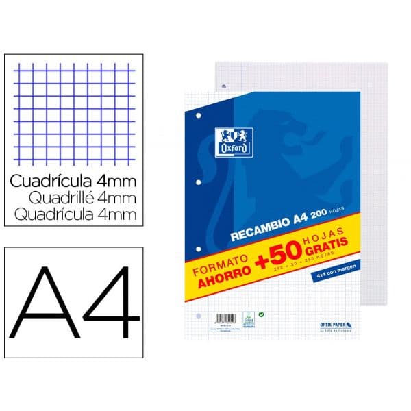 Oxford Recarga Din A4 200 + 50 Folhas Gratis Quadricula 4 mm com Margem