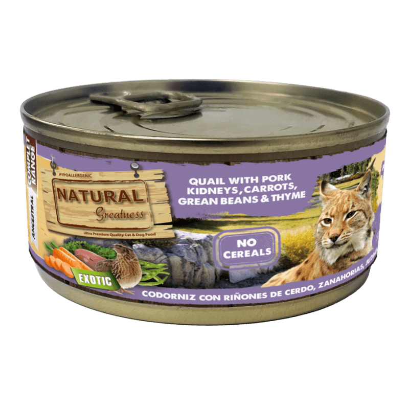 Natural Greatness Gato Lata Complet Codorniz con riñones de cerdo, zanahoria, judías y tomillo