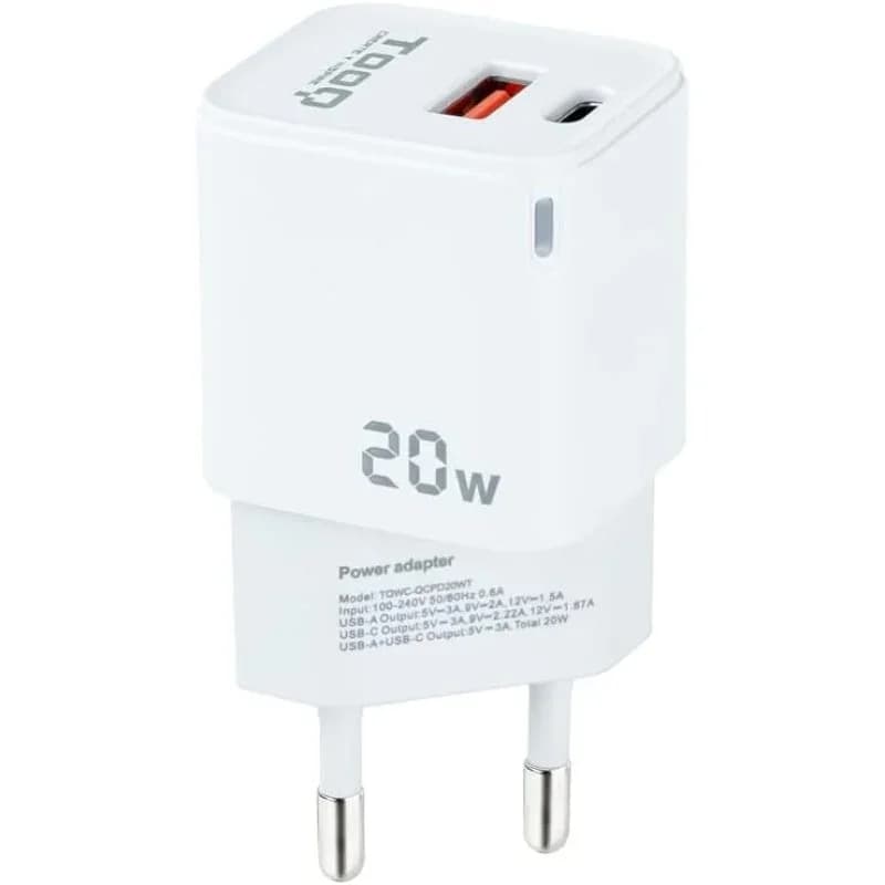 TooQ Carregador de Parede 1xUSB Tipo-C 1x USB 20W Branco