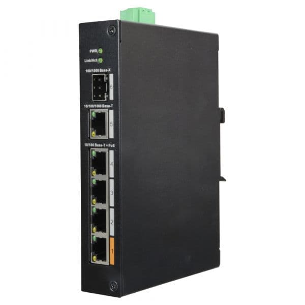 DAHUA Switch PoE X-Security 4 portas PoE +1 SFP +1 Uplink Gigabit Velocidade 10/100/1000 Mbps 60W porta 1 / 30W porta 2-4 / Máximo 60W Hi-PoE / IEEE802.3at (PoE+) / af (PoE) Montagem em carril DIN XS-SW0604HIPOE-F-60-DIN