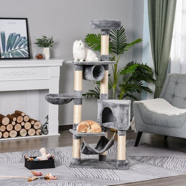 Pawhut Árvore Arranhador 154 cm de Altura com Plataformas Túnel Rede e Postes de de Sisal Cinza