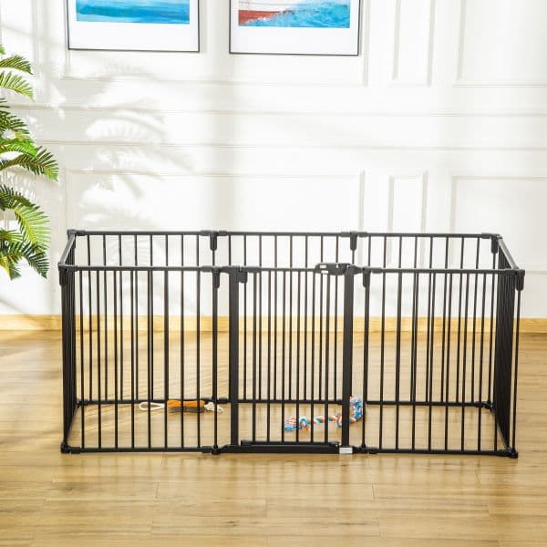Pawhut Parque com 8 Painéis 60x76cm Barreira de Proteção Dobrável com Porta e Fechadura Dupla Painéis Metálicos Escadas Corredores Preto