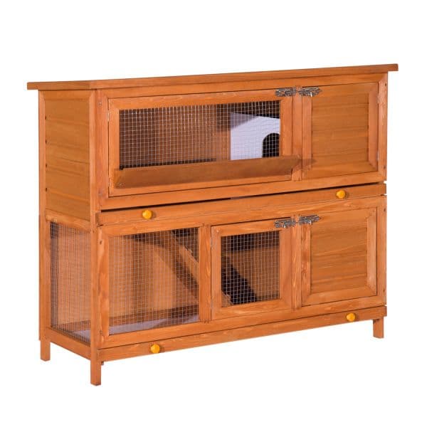 Pawhut Coelheira de Madeira Exterior de 2 Níveis Gaiola Coelhos com Teto Asfáltico Dobrável Rampa Portas e 2 Bandejas Removíveis 120x48x100cm Madeira