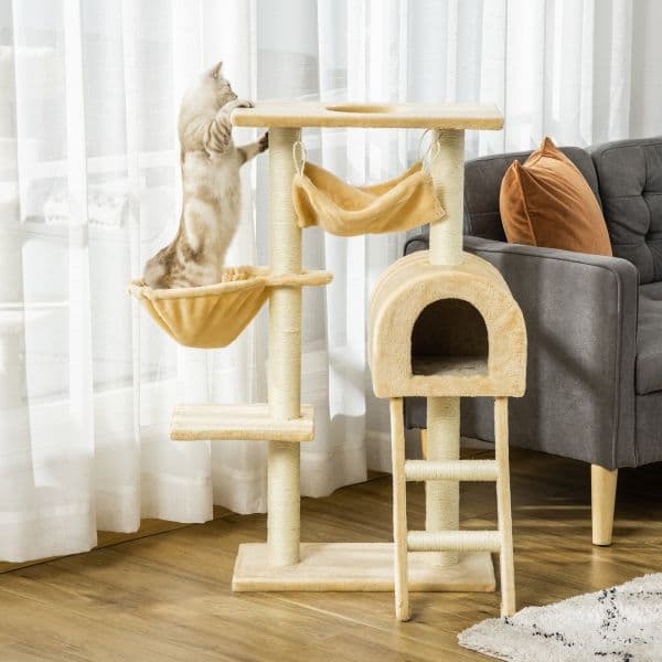 Pawhut Árvore Arranhador com Poste Ninho Cesta Rede Plataforma Casa e Escada de Veludo e Sisal Natural 54x29,5x98 cm Bege