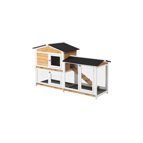 Pawhut Coelheira de Madeira Exterior Gaiola Coelhos de 2 Níveis com Teto Asfáltico 2 Cercados de Metal 157,4x53x93,5cm Natural