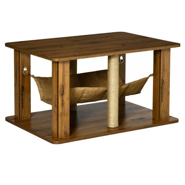 Pawhut Mesa Auxiliar Mesa de Café com Rede 2 Postes de Arranhar de Juta e Prateleira Inferior de Armazenamento 79x59x45,5cm Marrom