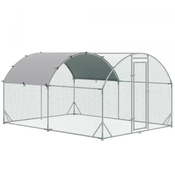 Pawhut Galinheiro Exterior 6-12 Galinhas de Aço Galvanizado com Teto de Tecido Oxford 2,8x3,8x1,97m Prata