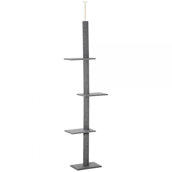Pawhut Arranhador de Chão Ao Teto com Altura Ajustável 4 Plataformas e Poste de Sisal 43x27x228-260 cm Cinza