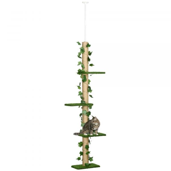Pawhut Árvore do Chão Ao Teto 37x21x202-242 cm com 4 Plataformas de Relva Artificial Folhas Artificiais e Poste Verde