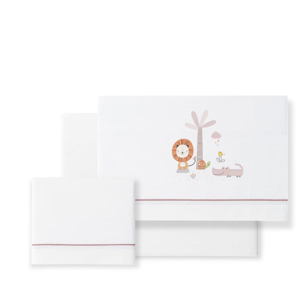 Jogo 3Pcs Berço(Lençol106X82+Lençol Colchão85X55X9+Almofada50X30+Chupetera)Algodão Leon Rosa Escuro Interbaby