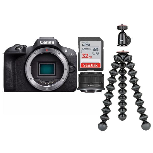 Canon EOS R100 + RF-S 18-45mm f/4.5-6.3 IS STM + Tripé + Cartão de Memória 32GB