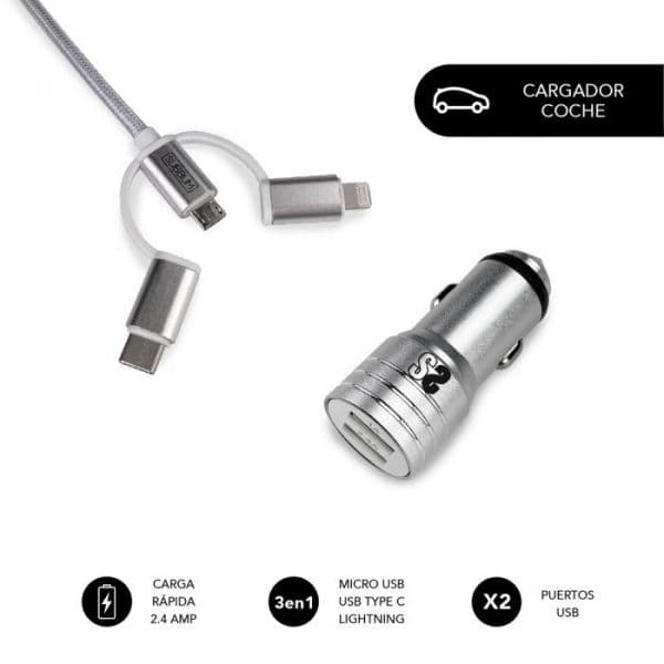 Subblim Carregador de Carro 2xUSB + Cabo USB 3 em 1 Lightning/Micro-USB/USB-C Silver