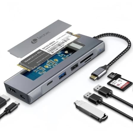 Leotec Docking Station 8-1 USB-C com Caixa Externa Ranura SSD M.2 HDMI 4K 2xUSB 3.1 USB-C PD 100W SD LEDS07