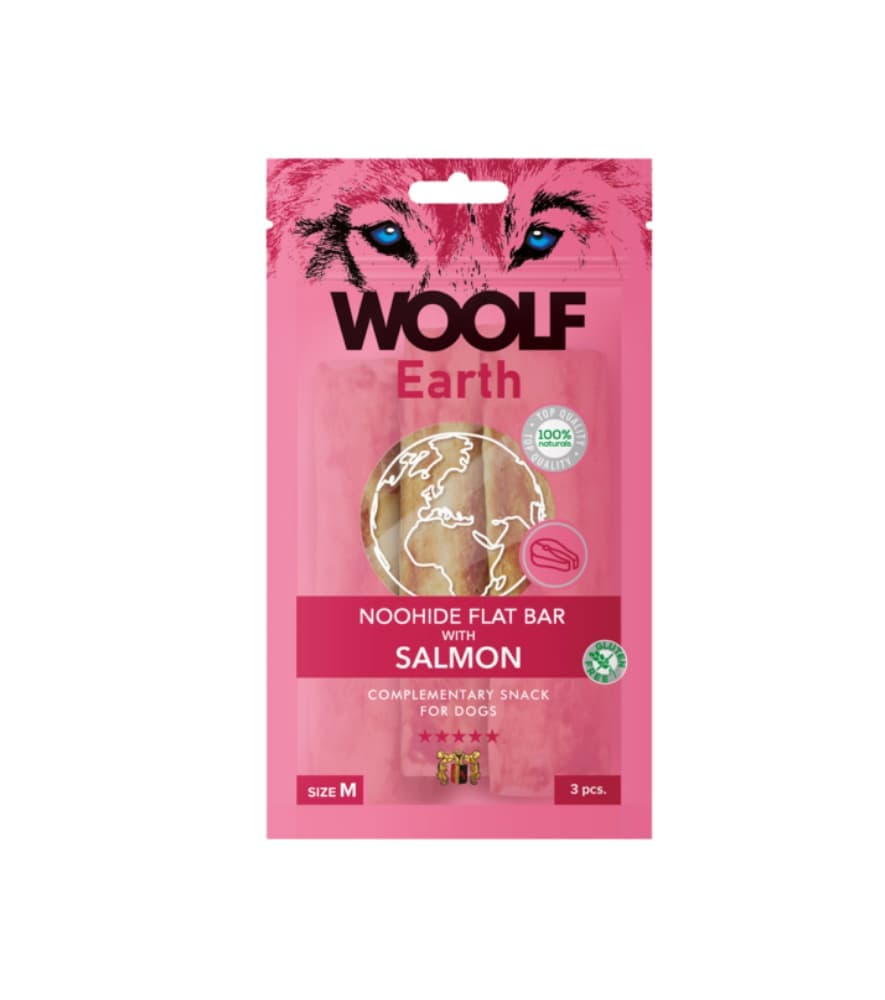 Woolf Earth Noohide Flat Bar de Salmão M Snack para Cão 90gr