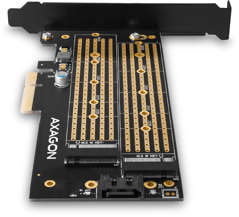 Adaptador PCIe-3.0 AXAGON PCEM2-D, 1x M.2-NVMe, 1x M.2-SATA com cooler passivo