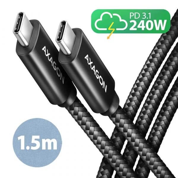AXAGON Cabo de Carregamento USB-C USB-C 2.0, 1.5m, PD 240W 5A, ALU, braid