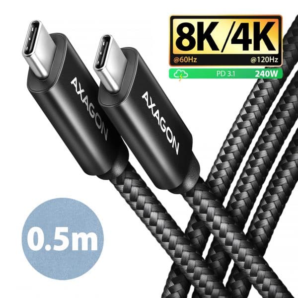 Axagon BUCM4X-CM05AB Cabo USB-C para USB-C USB4 Gen 3x2 40Gbps PD 240W 8K HD ALU Braid Preto 0.5m
