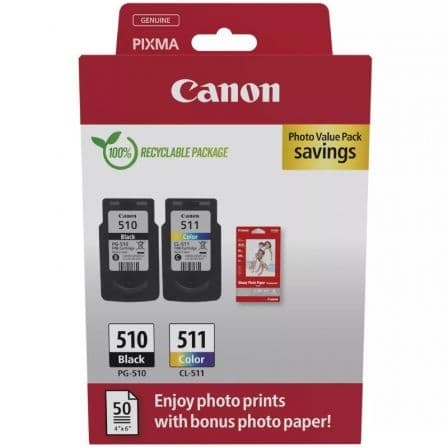 Tinteiro Canon PG-510/CL-511 Multipack Preto + Cores + Papel Fotográfico