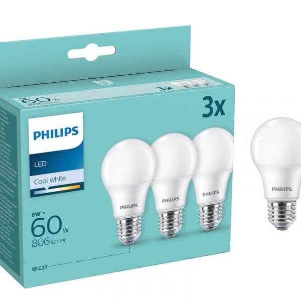 PHILIPS Pack 3Lâmpada led E27 A60 806 Lm Luz Neutra Opc Phil