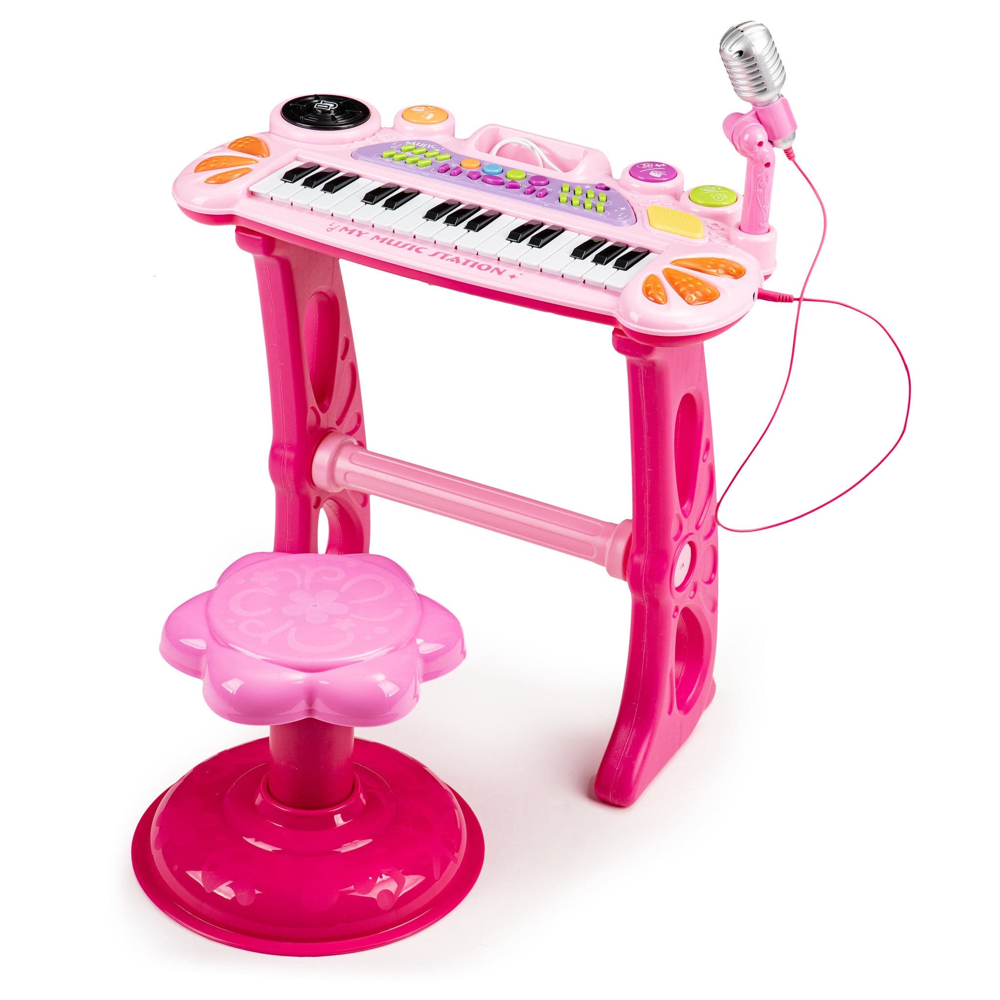 Teclado infantil com microfone e banco 45x21x60 cm rosa