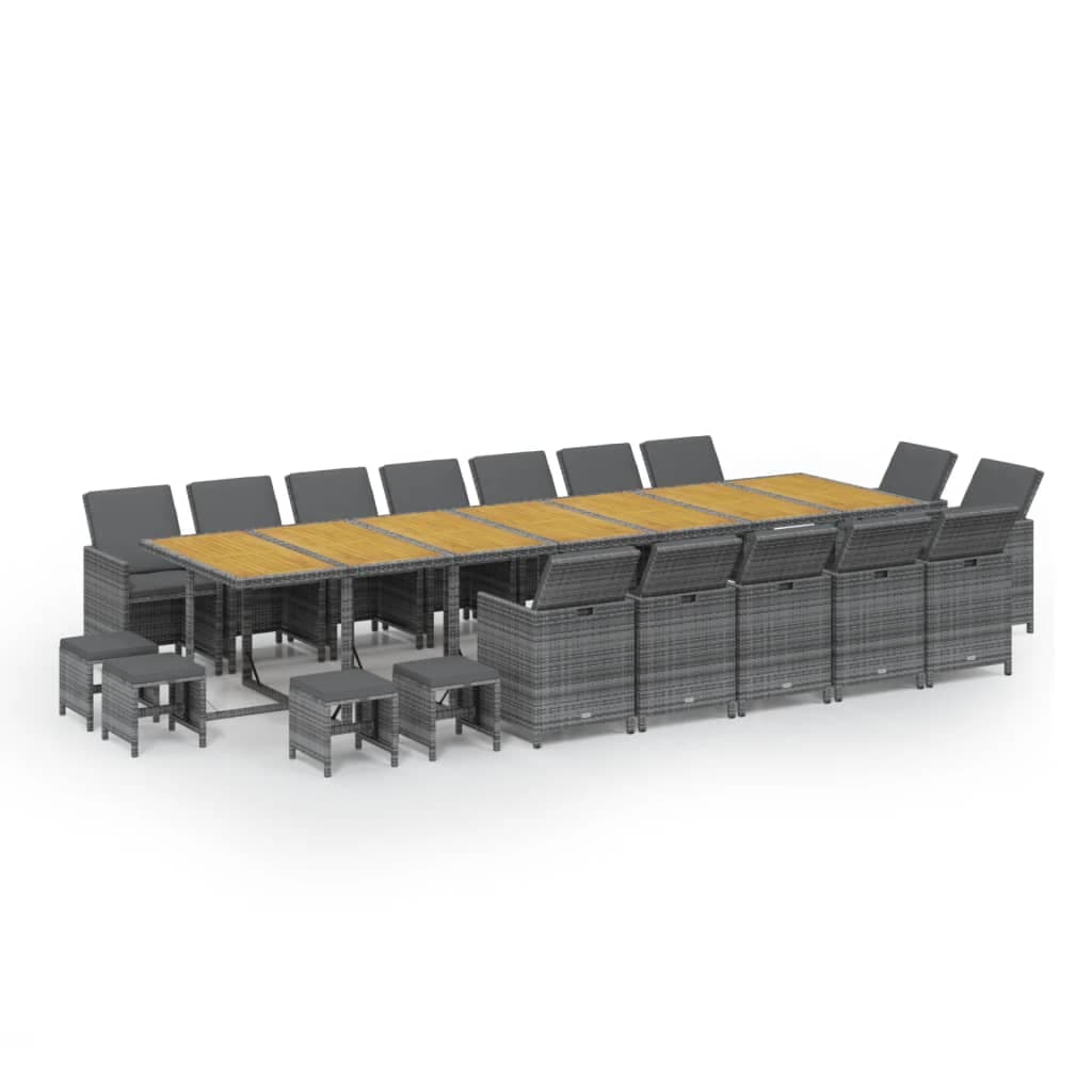vidaXL 19 Peças Conjunto Jantar para Jardim com Almofadões Vime Pe Cinzento - 1283059579