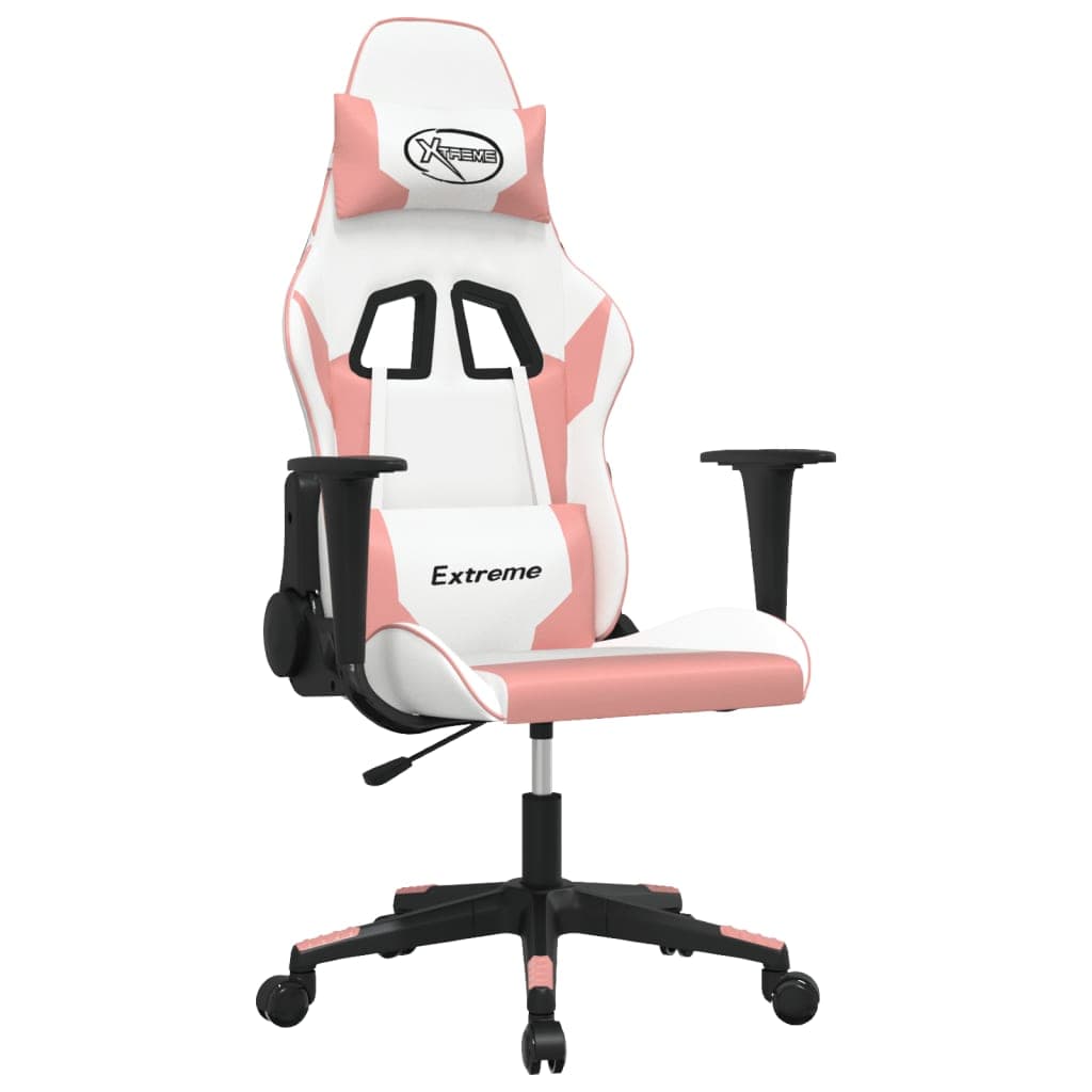 vidaXL Cadeira gaming massagens couro artificial branco e rosa