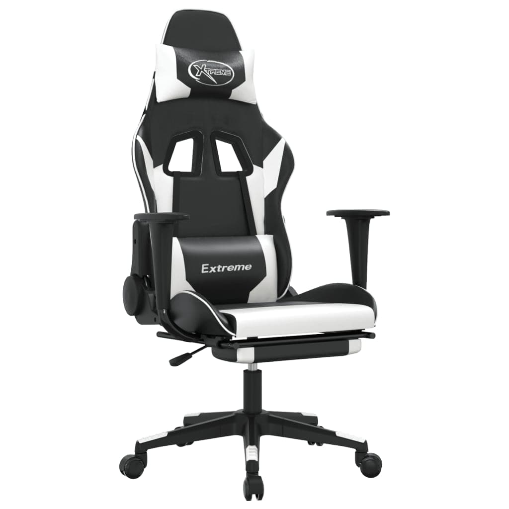vidaXL Cadeira gaming massagens c/ apoio pés couro artif. preto/branco