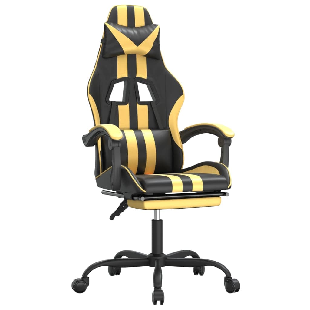 vidaXL Cadeira gaming giratória + apoio couro artificial preto/dourado