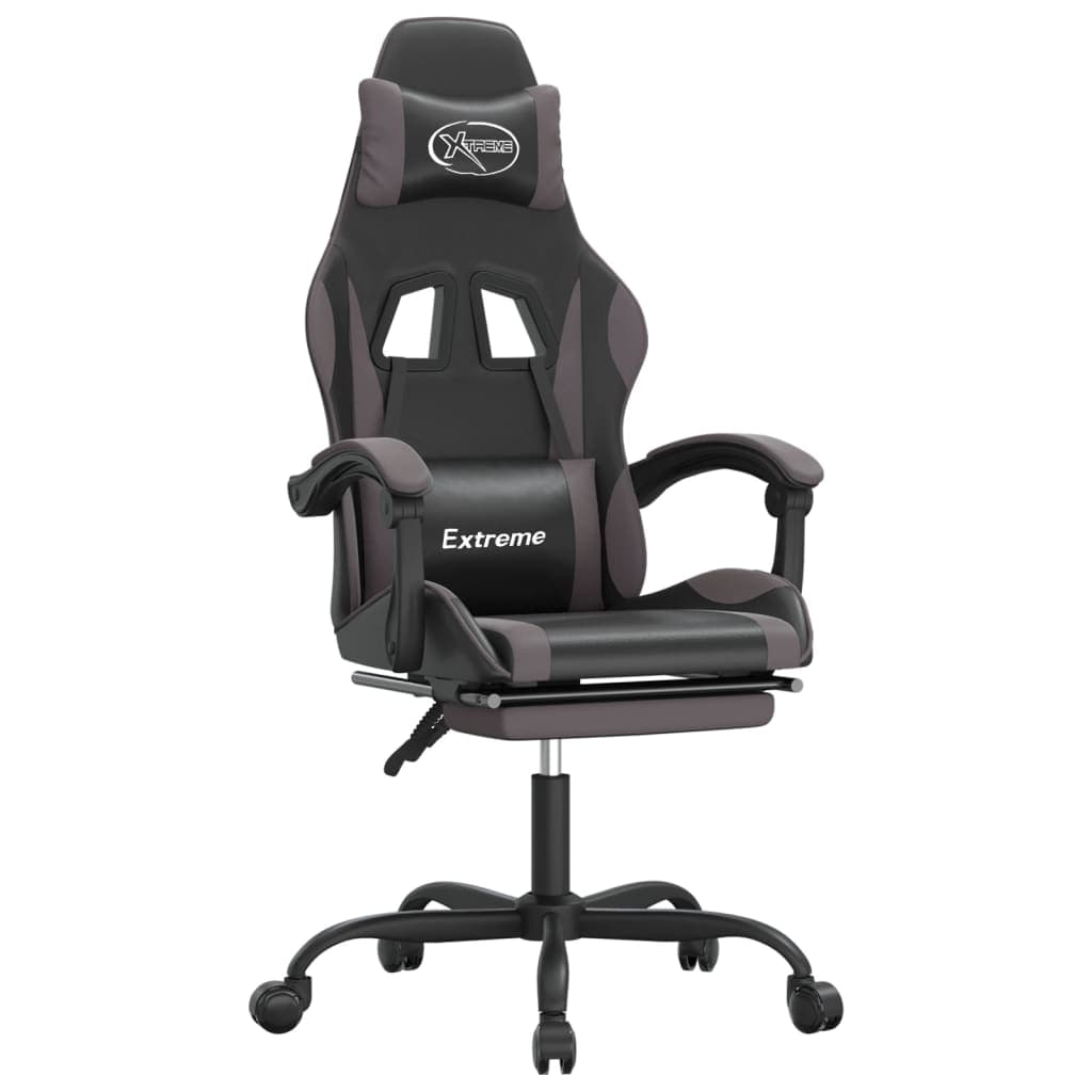 vidaXL Cadeira gaming giratória c/ apoio pés couro artif. preto/cinza