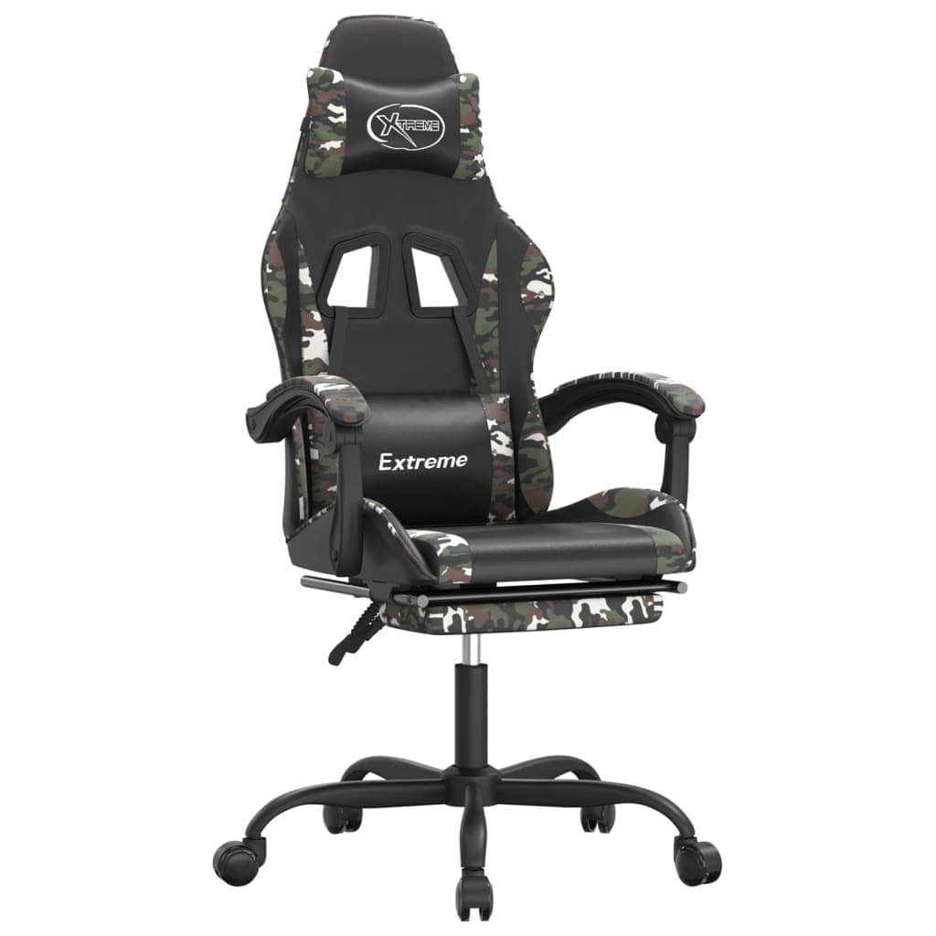 vidaXL Cadeira gaming giratória + apoio pés couro art. preto/camuflado
