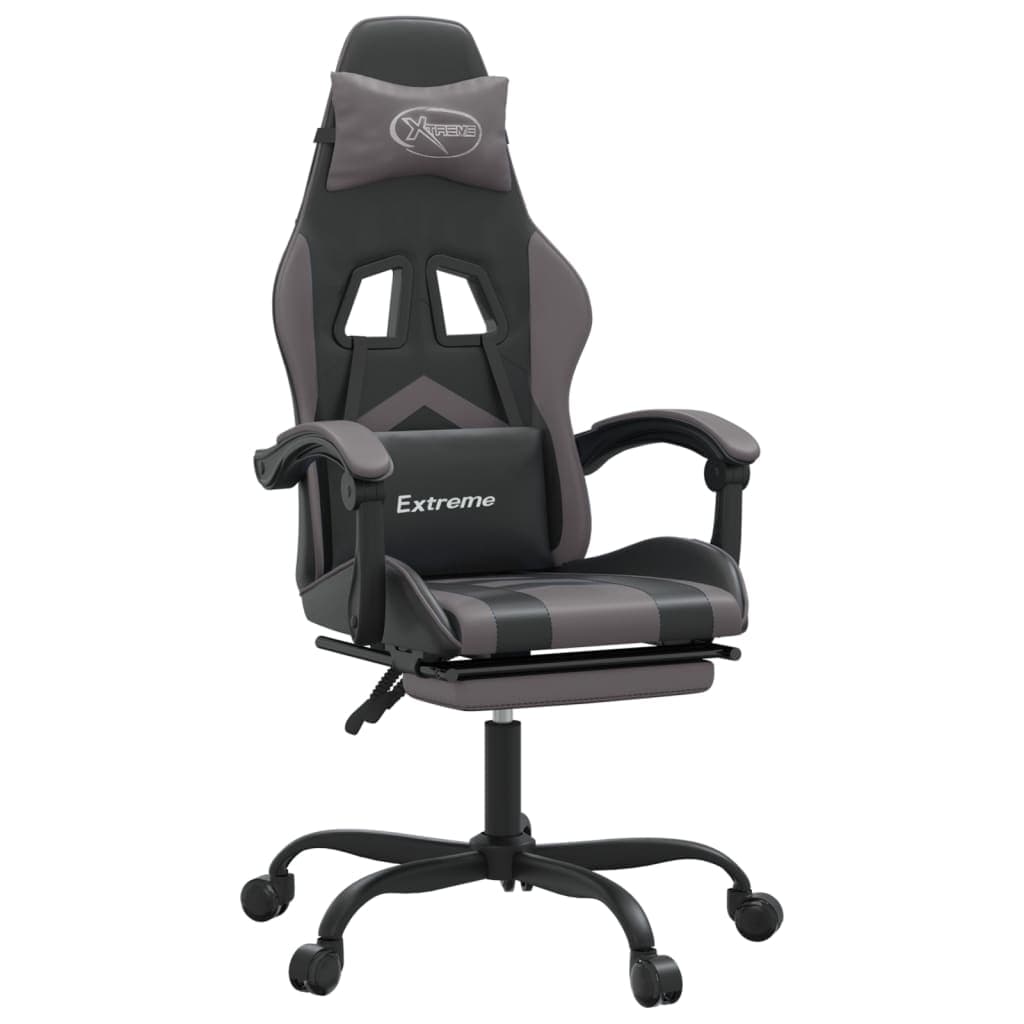 vidaXL Cadeira gaming giratória c/ apoio pés couro artif. preto/cinza