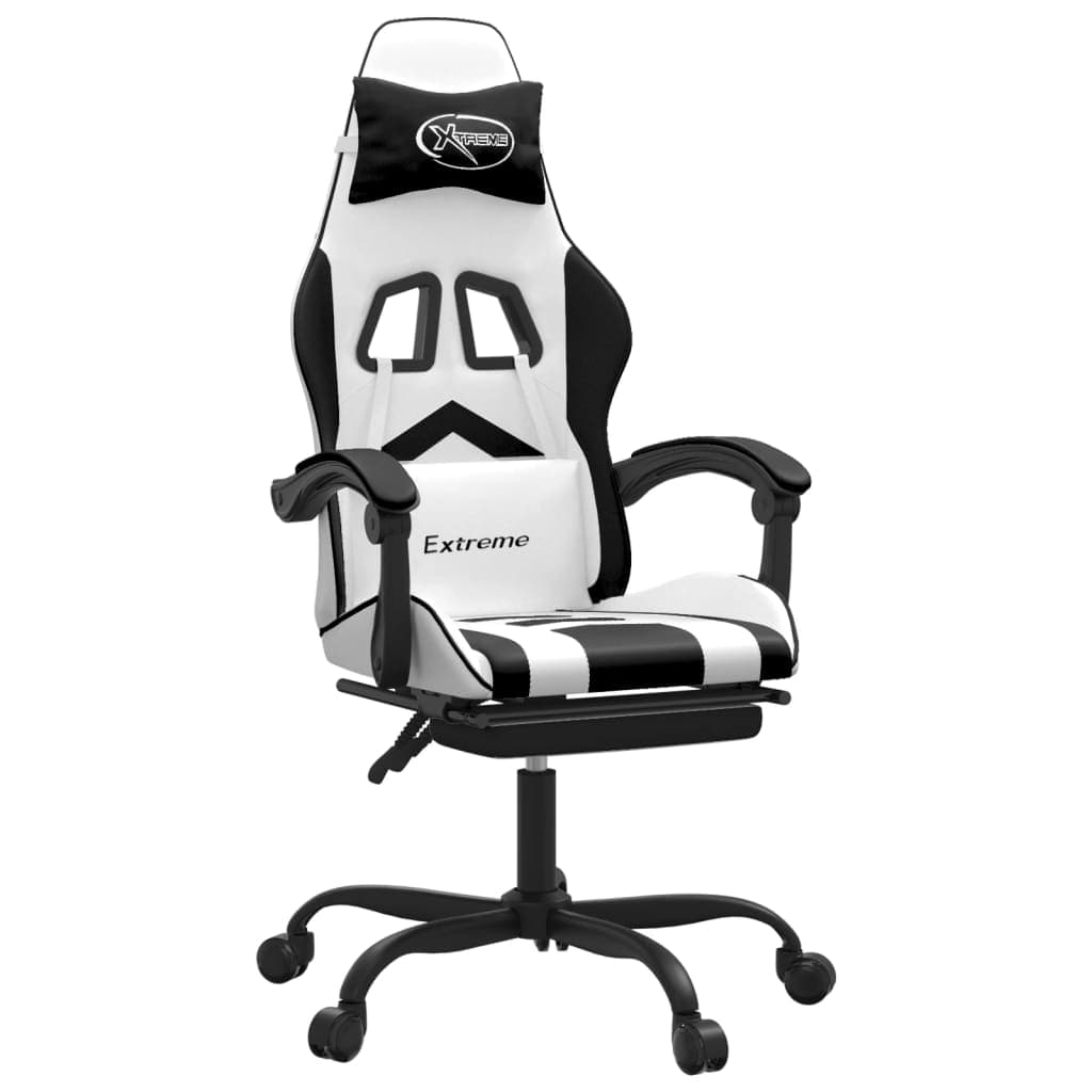 vidaXL Cadeira gaming c/ apoio p/ pés couro artificial preto e branco
