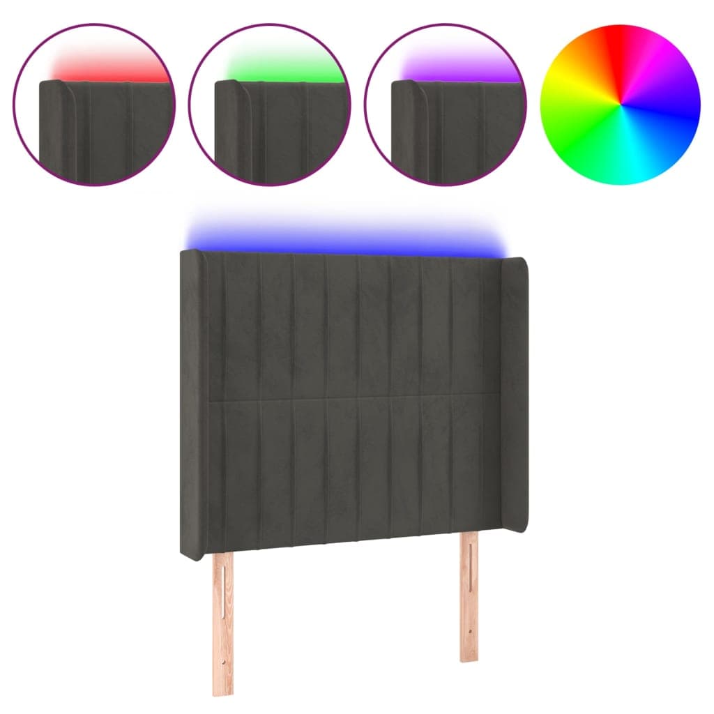 vidaXL Cabeceira cama c/ luzes LED veludo 93x16x118/128cm cinza-escuro