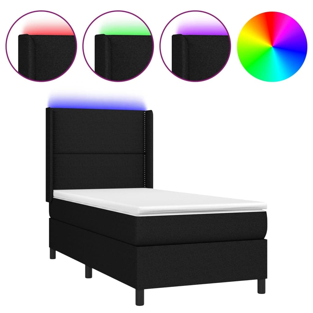 vidaXL Cama box spring c/ colchão e LED 90x200 cm tecido preto