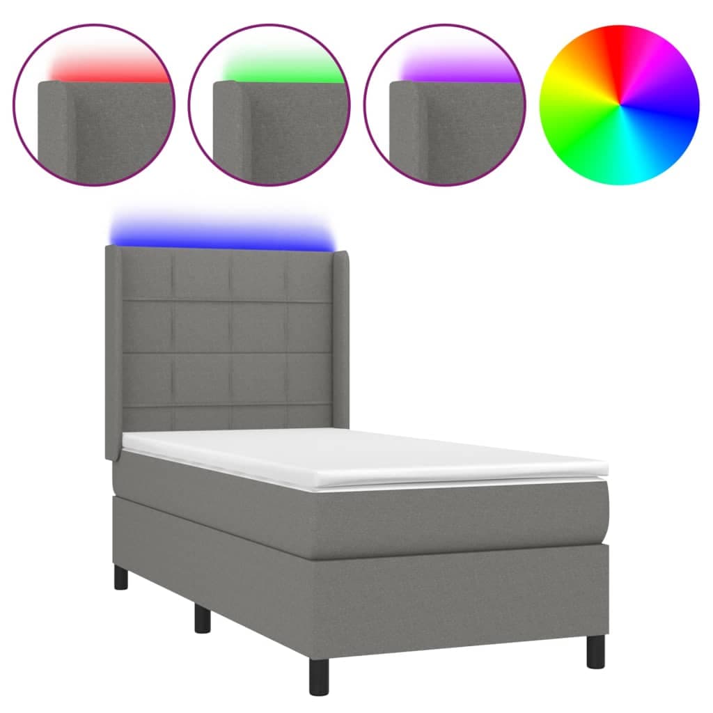 vidaXL Cama box spring c/ colchão e LED 90x190 cm tecido cinza-escuro
