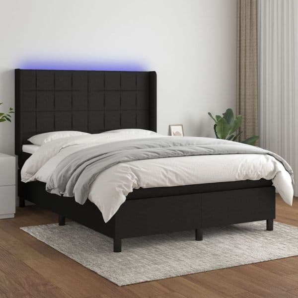 vidaXL Cama Box Spring com Colchão e LED 140x190 cm Tecido Preto - 1987422350