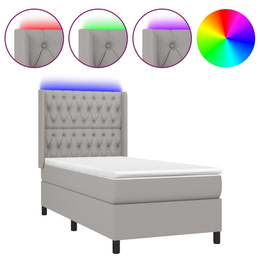 vidaXL Cama box spring c/ colchão e LED 90x190 cm tecido cinza-claro