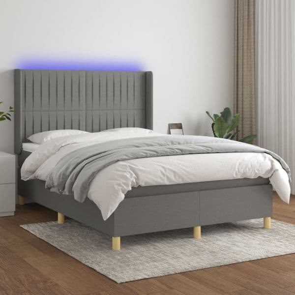 vidaXL Cama Box Spring com Colchão e LED 140x190 cm Tecido Cinza-escuro - 2310939558