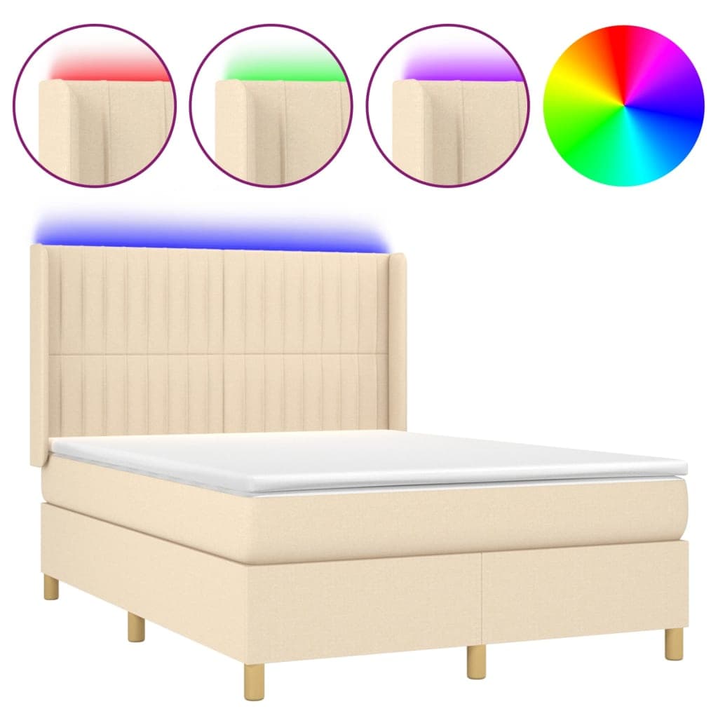 vidaXL Cama box spring c/ colchão e LED 140x200 cm tecido cor creme