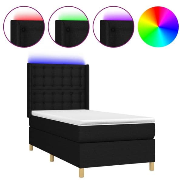 vidaXL Cama Box Spring com Colchão e LED 90x190 cm Tecido Preto - 2818201267