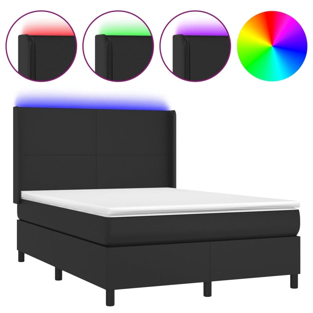 vidaXL Cama Box Spring com Colchão/led 140x200cm Couro Artificial Preto - 2267543298