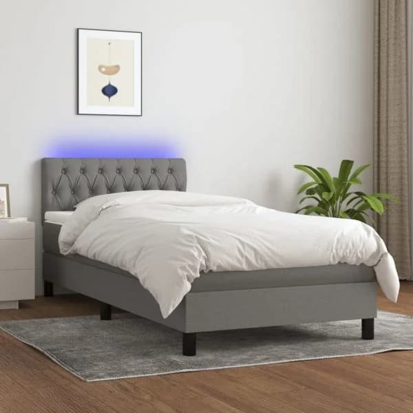 vidaXL Cama Box Spring com Colchão e LED 100x200 cm Tecido Cinza-escuro - 2269412486