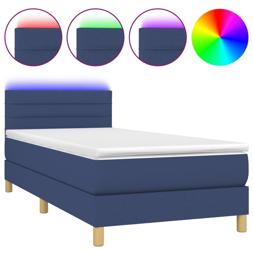 vidaXL Cama box spring c/ colchão e LED 90x200 cm tecido azul