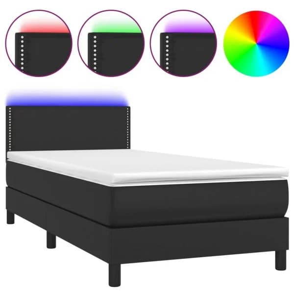 vidaXL Cama Box Spring com Colchão/led 90x200 cm Couro Artificial Preto - 1112553245