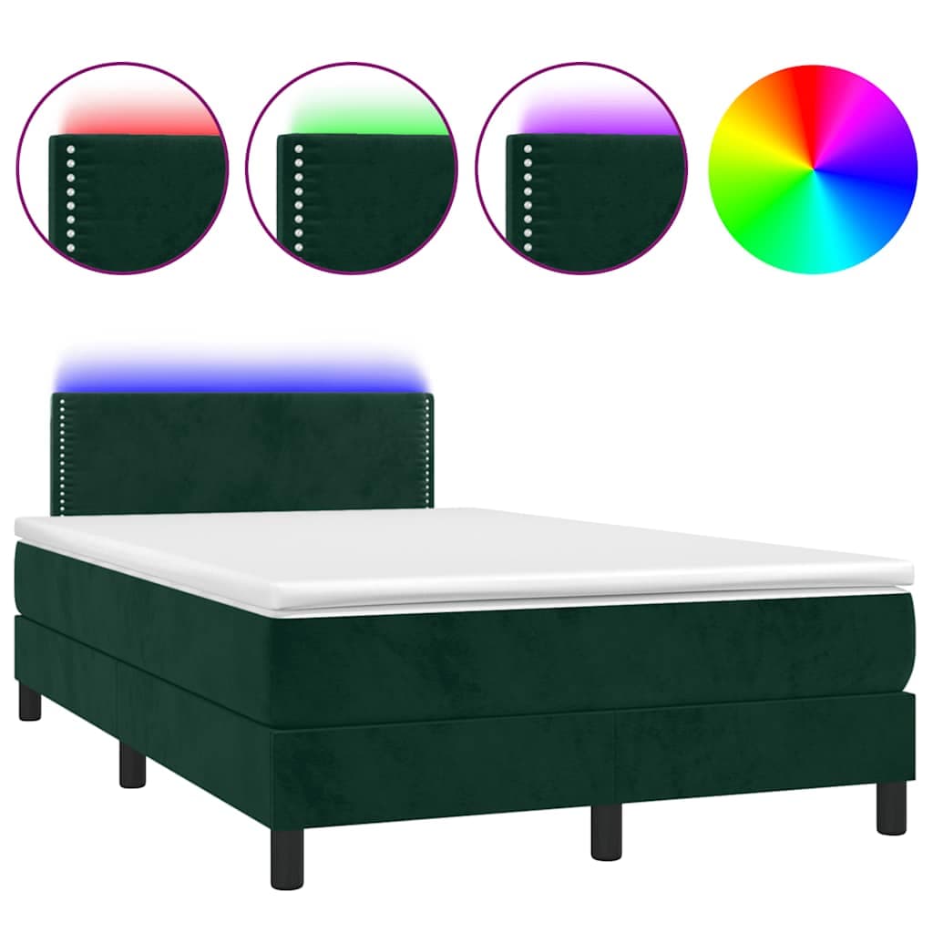 vidaXL Cama box spring c/ colchão/LED 120x200 cm veludo verde-escuro
