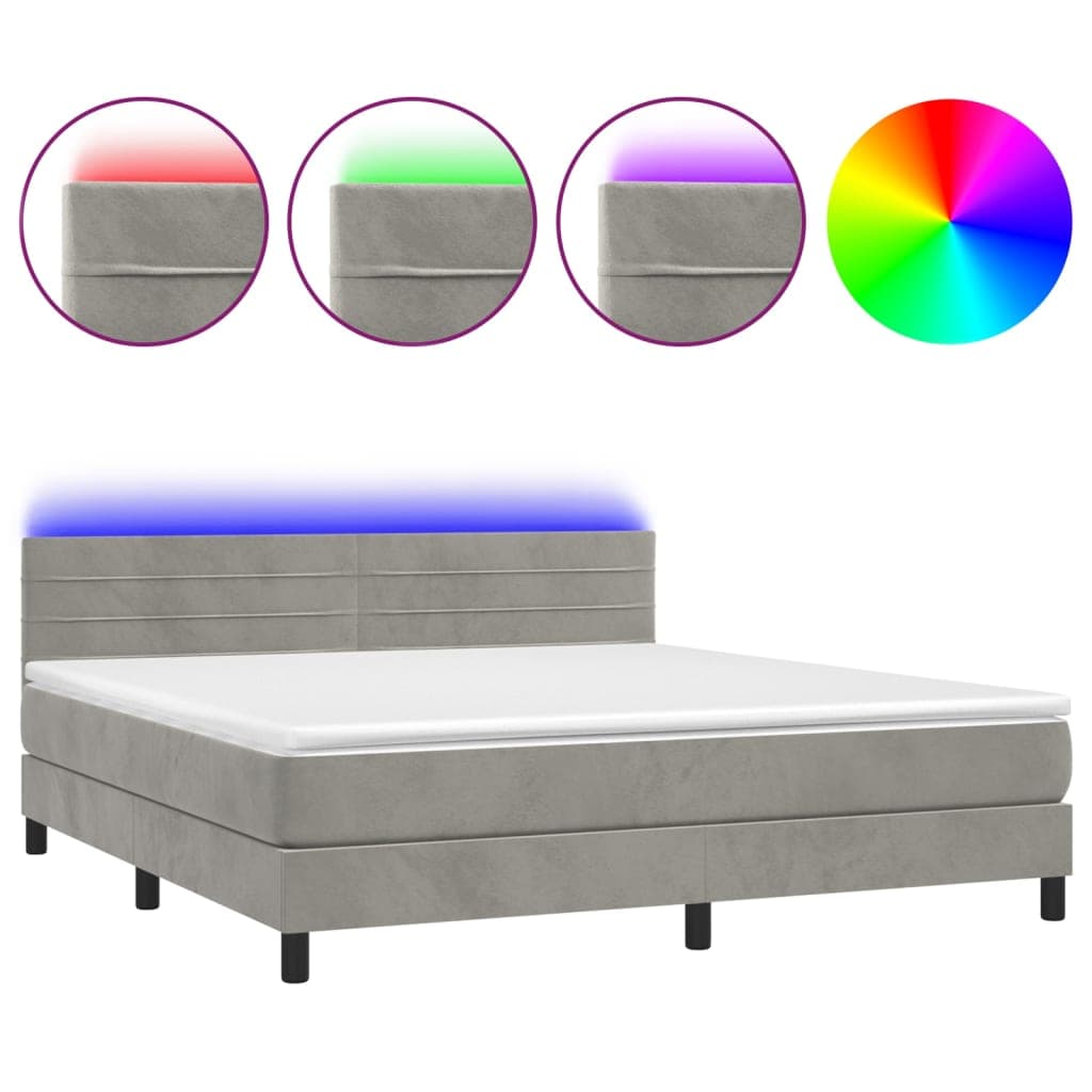 vidaXL Cama box spring c/ colchão/LED 180x200 cm veludo cinzento-claro