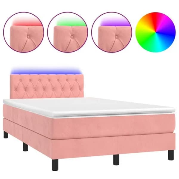 vidaXL Cama Box Spring com Colchão/led 120x200 cm Veludo Rosa - 396915878