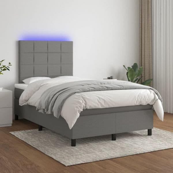 vidaXL Cama Box Spring com Colchão e LED 120x200 cm Tecido Cinza-escuro - 3871227818