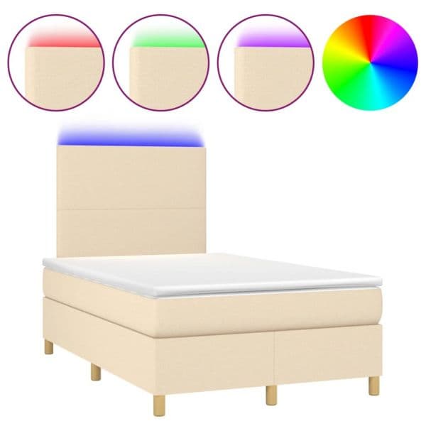 vidaXL Cama Box Spring com Colchão e LED 120x200 cm Tecido Cor Creme - 1425545472