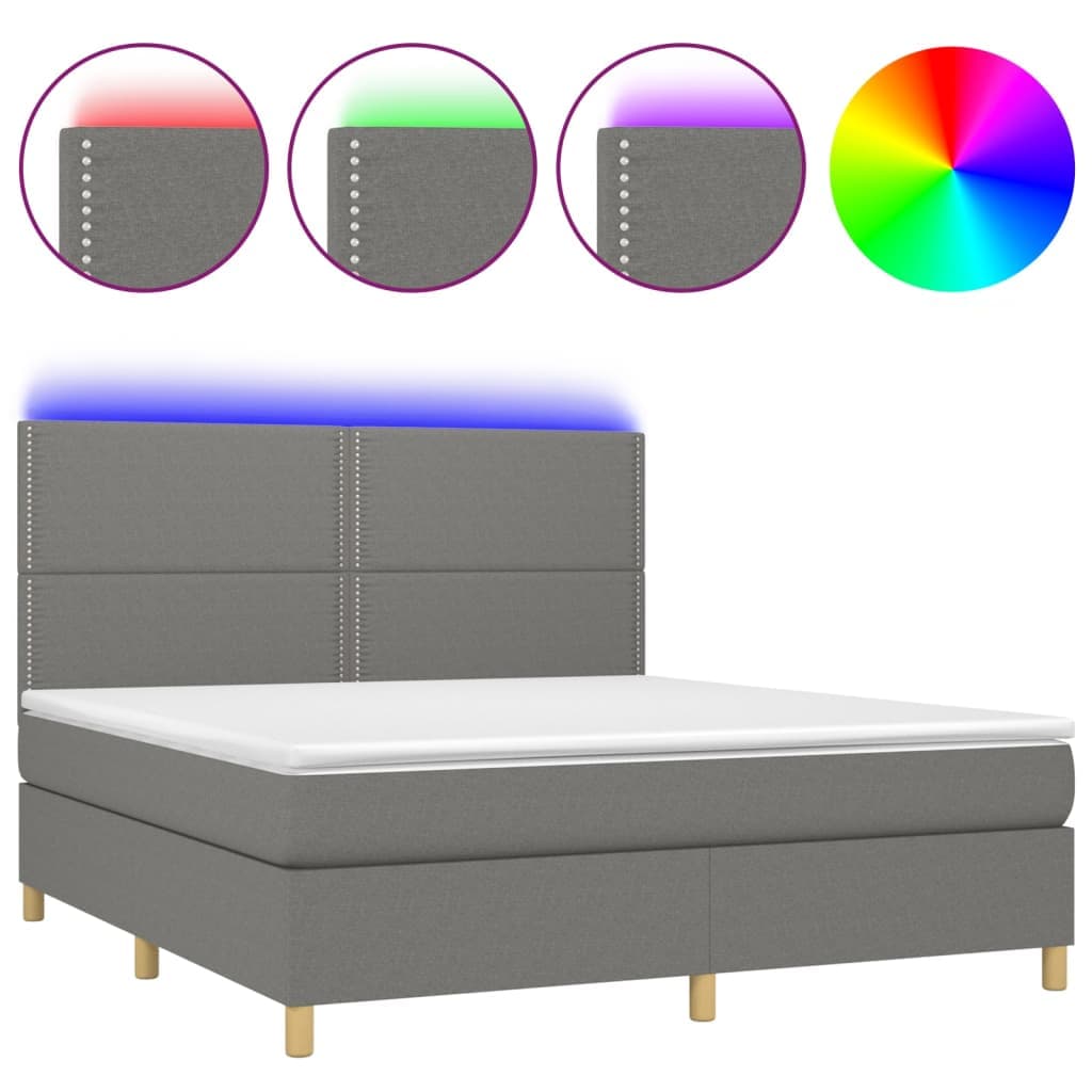 vidaXL Cama box spring c/ colchão e LED 180x200 cm tecido cinza-escuro